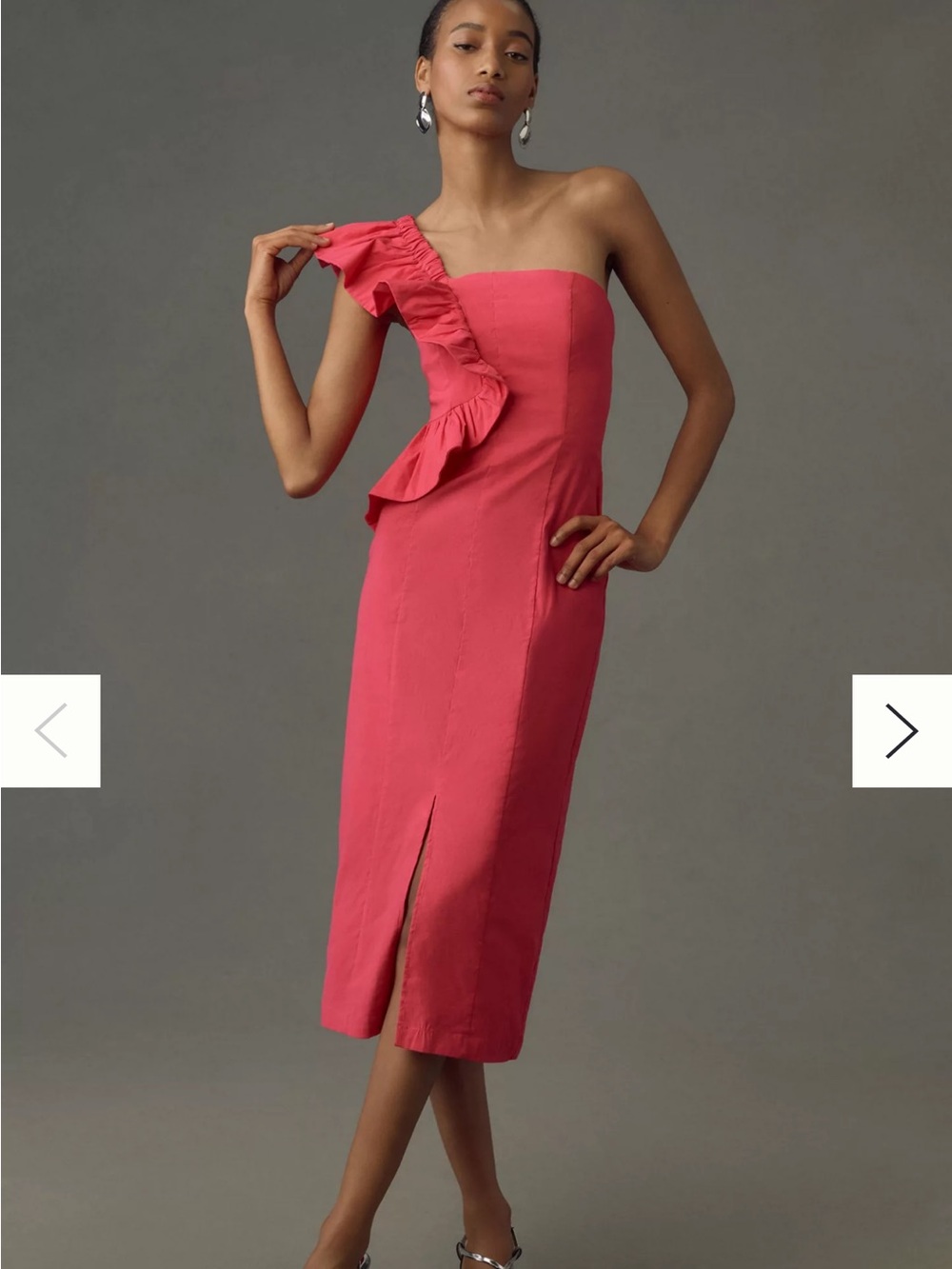 Anthropologie Women’s One-Shoulder Ruffle Midi Dress in Fuchsia